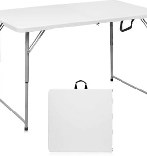Folding Table 4 Foot Portable Heavy Duty Plastic Fold-in-Half Utility Table Small Indoor Outdoor Adjustable Height Folding with Carrying Handle, Camping and Party,White