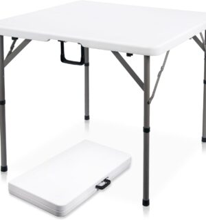 34" Square Folding Card Table, Fold-in-Half Utility Dining Portable Table Heavy Duty HDPE White Plastic Foldable with Carrying Handle Indoor Outdoor for Picnic, Camping, Party