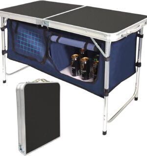 Folding Camping Table with Storage Compartment Aluminum Lightweight Camp Kitchen Table Height Adjustable Indoor/Outdoor Table Perfect for Tailgating, Backyards, BBQ,Picnic, Black