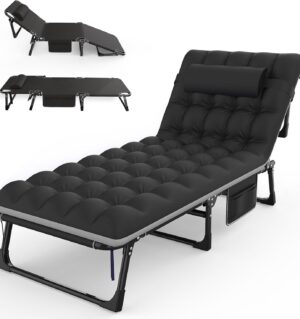 Camping Cot 5+2 Positions Adjustable Reclining Folding Camping Cot Sleeping Bed Cots for Adults Outdoor Portable Chaise Lounge Chair W/Carry Bag Pillow Cushion for Home Nap Beach Travel