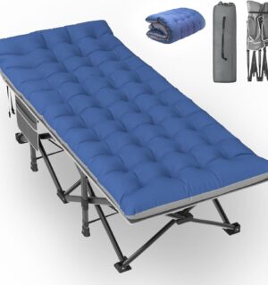 Oversized Camping Cot XXL, Folding Cot for Adults,79" L x 32" W x 19" H Camp Cot, Sleeping Cot with Mattress, Carry Bag, Cot Bed for Tent, Office, Support 500lbs, Grey Cot+ Blue Pad