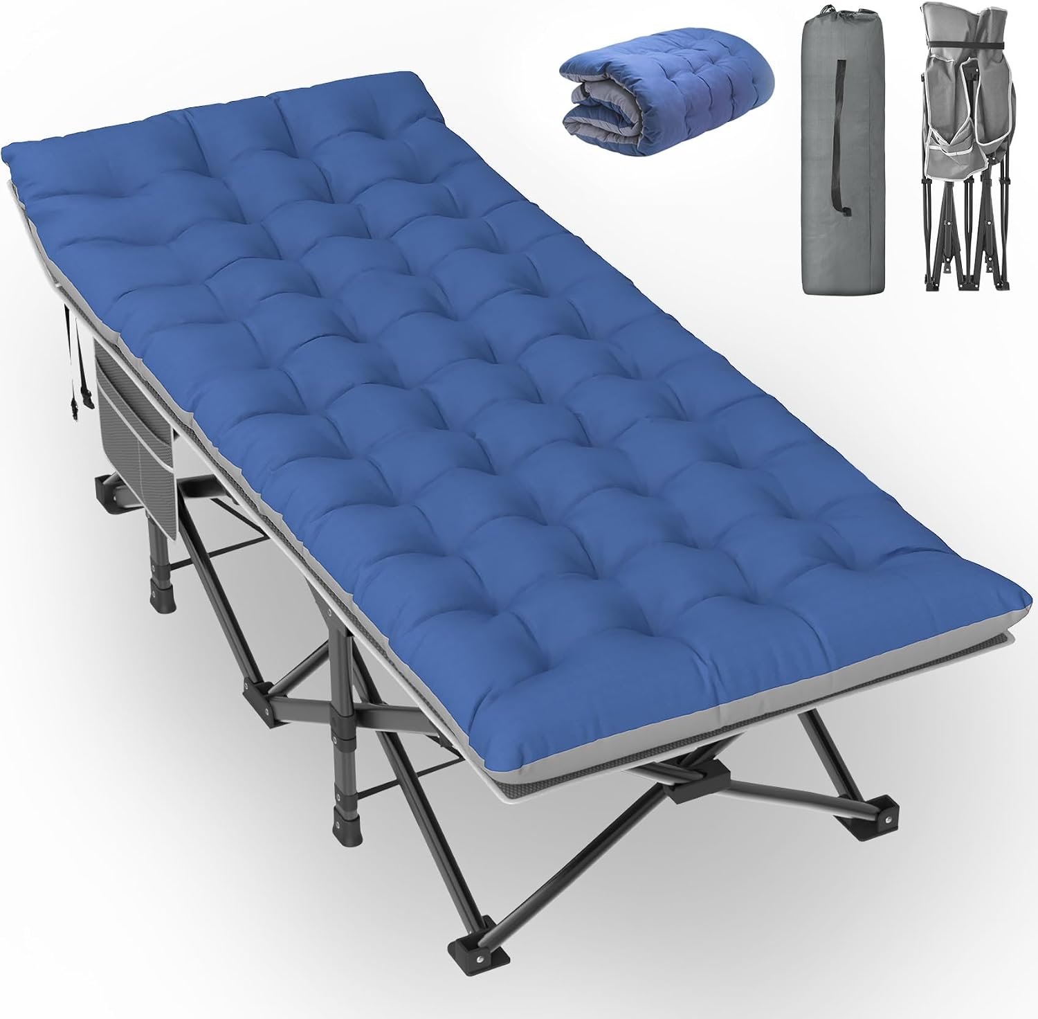 Oversized Camping Cot XXL, Folding Cot for Adults,79" L x 32" W x 19" H Camp Cot, Sleeping Cot with Mattress, Carry Bag, Cot Bed for Tent, Office, Support 500lbs, Grey Cot+ Blue Pad
