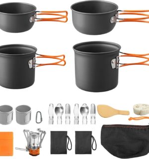 15PCS Portable Camping Cooking Set with Stove Top, Non-Stick Camping Pots and Pans Set, Lightweight Stackable Pot Pan Bowls Soup Spoon with Storage Bag for Camping, Outdoor Cooking