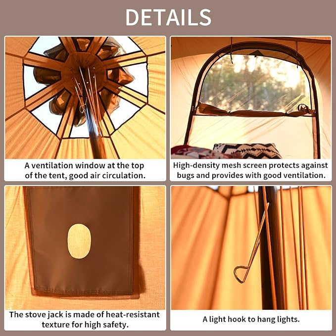 Canvas Tent Bell Tent 16.4ft*High9.2ft with Stove Jack for Glamping Family Camping Zipped Removable Floor - Image 2