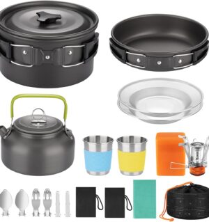 Camping Cookware Set, Portable Camping Mess Kit with Non-Stick PotsPans Set and Folding Fork, Lightweight Backpacking cookware Cooking Set for Outdoor/Camping/Hiking/Picnic