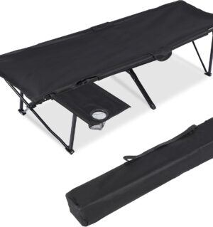 Folding Camping Cot with Table for Adults, Portable and Lightweight Sleeping Bed for Outdoor Traveling, Hiking, Easy to Set up, Black