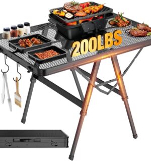 Foldable Grill Table with Mesh Desktop, 200lbs 3Ft Portable Folding Table, Height Adjustable Metal Table for Ourdoor, Camping, Picnic, BBQ and Beach, RV, 35.4" L x 23.6" W