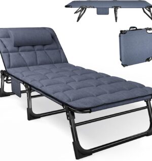 Folding Camping Cot for Adults with Padded Mattress and Pillow, Adjustable Reclining Lounger Sleeping Cot Bed, Ideal for Camping, Travel, Garden, or Office Use, Blue