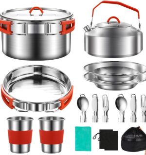 304 Stainless Steel Camping Cookware Set - Mess Kit with Pots, Pans, Kettle, Plates, Forks, Knives, Spoons for 2 People, Perfect for Camping, Picnic, RVs