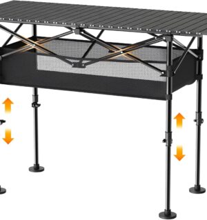 Height Adjustable Camping Table, Outdoor Folding Camping Table with Mesh Storage/Carrying Bag, Portable Aluminum Roll-up Table for Camping, Party, Backyard, BBQ