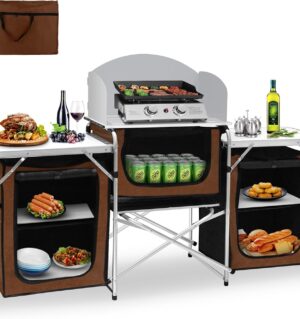 Camping Kitchen Table, Aluminum Portable Outdoor Cooking Table, Foldable Camp Table with Windscreen and 3 Storage Cupboards Multifunctional for BBQ, Party, Picnics & Outdoor Brown