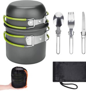 Camping Cookware Set, Aluminium Camping Pot, Outdoor Cookware with Foldable Cutlery, Camping Tableware for 2 People, Camping Tableware for Hiking, Fishing, Picnic,  Certified