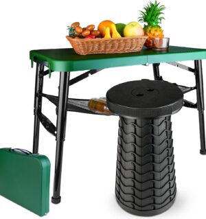 Portable Folding Table and Stool Set, Lightweight Foldable Table & Collapsible Stool for Camping Picnic Beach Fishing, Sturdy Small Outdoor Table with Mesh Layer Storage