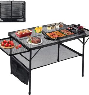 4.4FT Folding Grill Table, Portable Camping Table with Extension Board, Height Adjustable Metal Table with Mesh Desktop, Lightweight Outdoor Grill Table for Camping, Picnic, Beach and BBQ