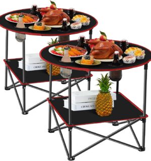 2 Pcs Folding Camping Table with 4 Mesh Cupholders 2 Tier Portable Folding Table Round Lightweight Fabric Compact Carrying Case Beach Table for Summer Outdoor Tailgating Fishing Hiking