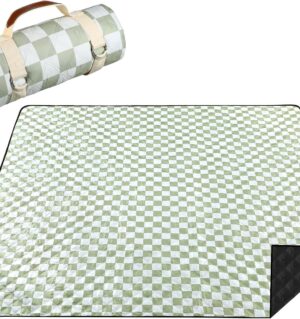 Checkered Picnic Blanket Extra Large Sage Green Outdoor Blanket Waterproof Sandproof 80"x80" Portable Machine Washable 3 Layer Thick Gingham Picnic Mat for Beach Camping Park Grass Travel