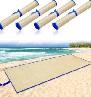 4 Packs Straw Beach Mat Waterproof Non Slip Straw Mat Foldable Lightweight Picnic Mat with Trim for Camping Sunbathing Picnic Floor Yoga
