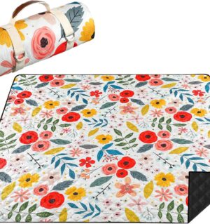 Outdoor Picnic Blanket 80''x80'' Extra Large Floral Waterproof Sandproof Portable Machine Washable 3 Layer Thick Gingham Picnic Mat for Beach Camping Park Grass(Beige)