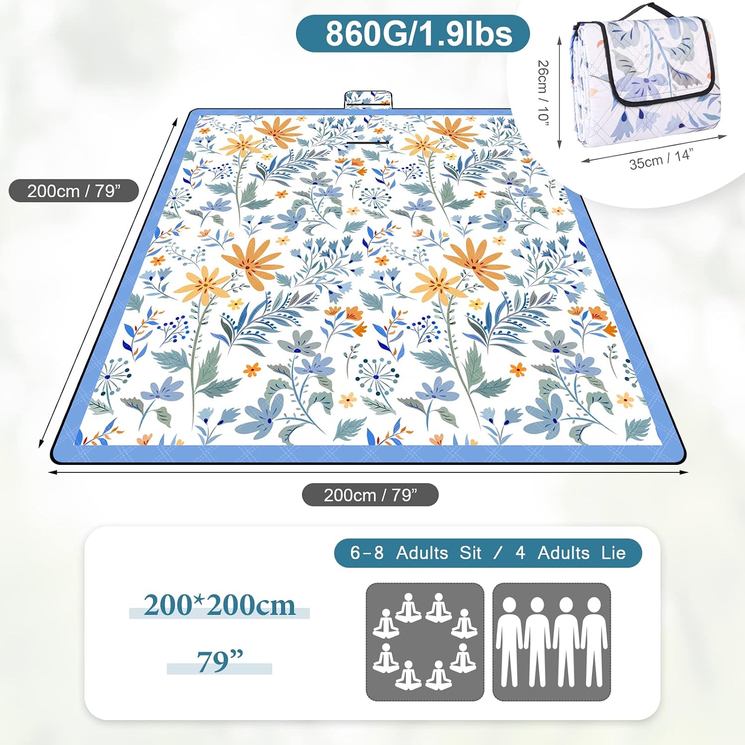 Picnic Blankets 79"x79" Extra Large Outdoor Blanket Beach Blanket Waterproof SandProof Picnic Mat Washable Foldable Portable for Grass Lawn Beach Camping (White with Flowers) - Image 2