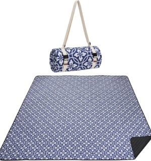 Picnic Blanket, 80''x80'' Waterproof Outdoor Blankets, Picnic Mat Washable for Beach, Picnic Blankets for Camping on Grass with Shoulder Strap - NavyBlue