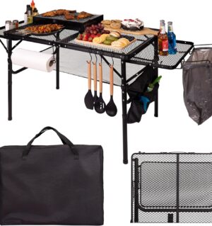 Folding Table w/ Carry Bag, Paper Towel Holder, Garbage Holder, Wing Panels, 3x2 FT Foldable Table for Portable Grill, Picnic, Outdoor, Beach, Small Folding Table Adjustable Height,Camping Table, BBQ