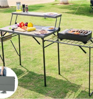 Folding Grill Tables for Outside Camping, Lightweight Kitchen Camping Table with Grill Stand for Stove, Grey